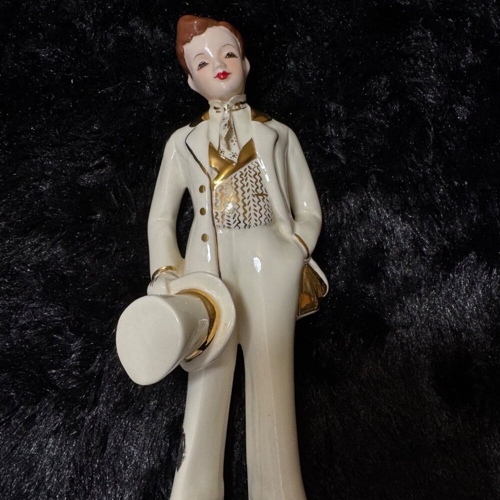 Vintage Florence Ceramic Man In White Tuxedo Gold Accents & Top Hat Figurine